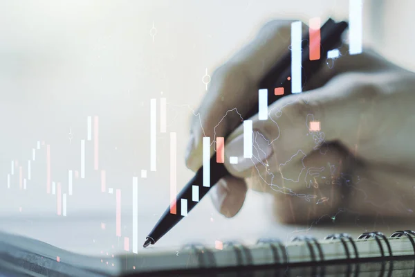 Double exposure of abstract creative financial chart with hand writing in notebook on background, research and strategy concept — Stock Photo, Image