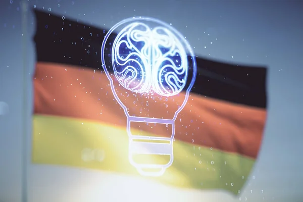 Absztrakt virtuális ötlet koncepció villanykörte és emberi agy illusztráció zászló Németország és naplemente ég háttér. Neurális hálózatok és gépi tanulás koncepciója. Többszörös expozíció — Stock Fotó