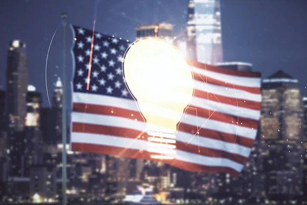 Abstract virtual light bulb illustration on US flag and skyline background, future technology concept. Multiexposição — Fotografia de Stock