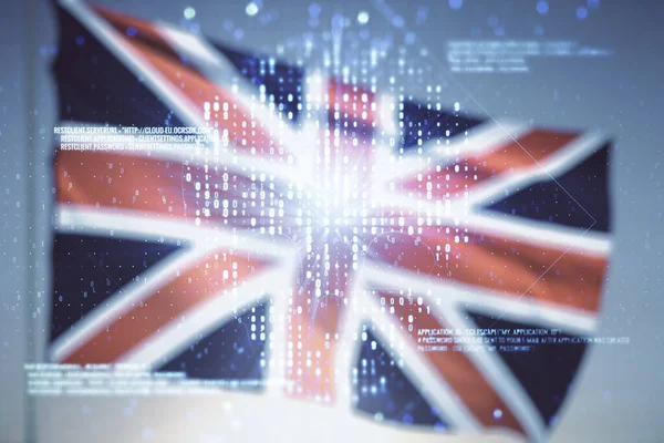 Abstract virtual code skull illustration on flag of Great Britain and sunset sky background (em inglês). Conceito de pirataria e phishing. Multiexposição — Fotografia de Stock