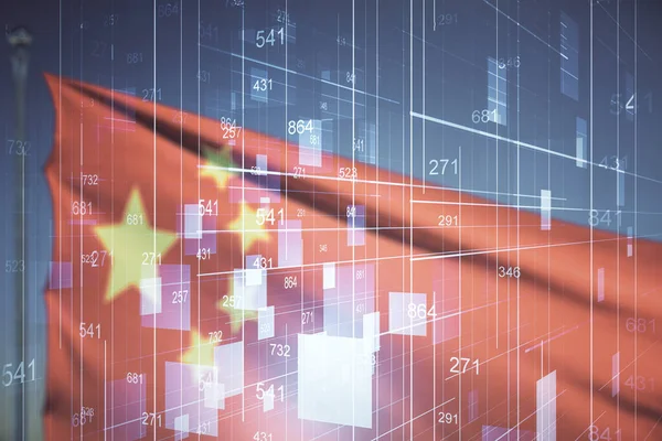 Multi exposure of creative statistics data hologram on Chinese flag and blue sky background, stats and analytics concept — Stock Photo, Image