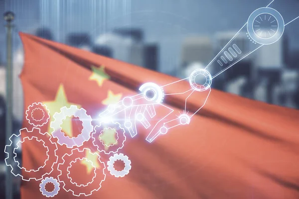Абстрактная технология виртуальной робототехники нарисована на флаге Китая и размывает городской фон. Концепция разработки и автоматизации роботов. Мультиэкспозиция — стоковое фото