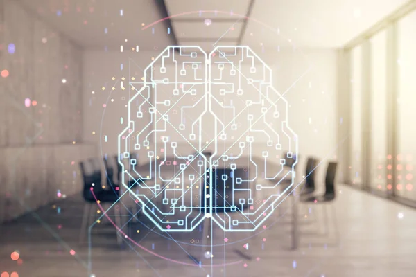 Virtuell kreativ artificiell intelligens hologram med mänsklig hjärna skiss på en modern coworking room bakgrund. Dubbel exponering — Stockfoto