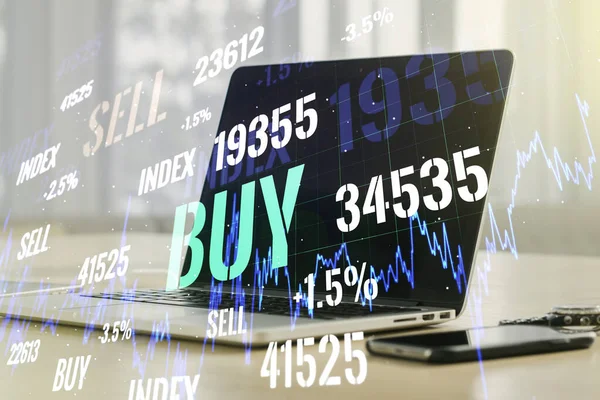 Astratto grafico finanziario creativo su sfondo portatile moderno, concetto finanziario e di trading. Multiesposizione — Foto Stock