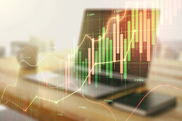Mehrfachbelichtung abstrakter Finanzgrafik und moderner Desktop mit PC im Hintergrund, Finanz- und Handelskonzept — Stockfoto