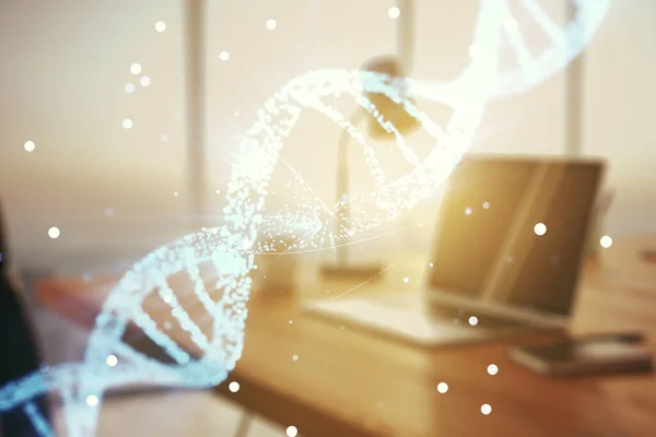 Esboço de DNA criativo em background laptop moderno, biotecnologia e conceito genético. Multiexposição — Fotografia de Stock