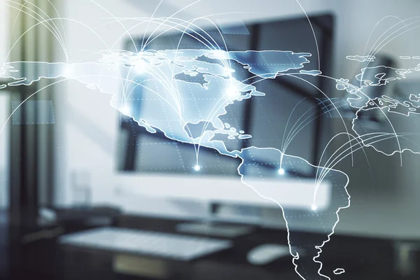 Doble exposición del mapa abstracto del mundo digital con conexiones en el fondo de la computadora, big data y concepto blockchain — Foto de Stock