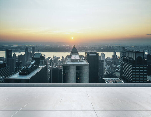 Empty concrete rooftop on the background of a beautiful New York city skyline at daytime, mockup