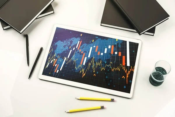 Κάτοψη του αφηρημένου δημιουργικού οικονομικού γραφήματος με παγκόσμιο χάρτη στη σύγχρονη ψηφιακή οθόνη tablet, forex και επενδυτική έννοια. 3D απόδοση — Φωτογραφία Αρχείου