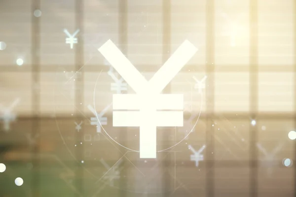 Abstraktes virtuelles japanisches Yen-Symbolhologramm auf modernem Innenhintergrund, Devisen- und Währungskonzept. Mehrfachexposition — Stockfoto