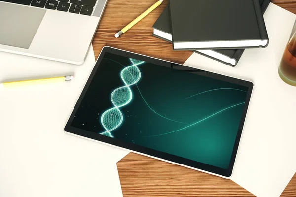 Monitor de tablet digital moderno com holograma de DNA criativo. Bioengenharia e conceito de pesquisa de DNA. Vista superior. Renderização 3D — Fotografia de Stock