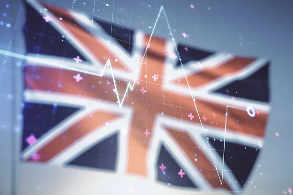 Ologramma astratto di battito cardiaco virtuale su bandiera britannica e sfondo del cielo al tramonto, concetto di consulenza medica online. Multiesposizione — Foto Stock
