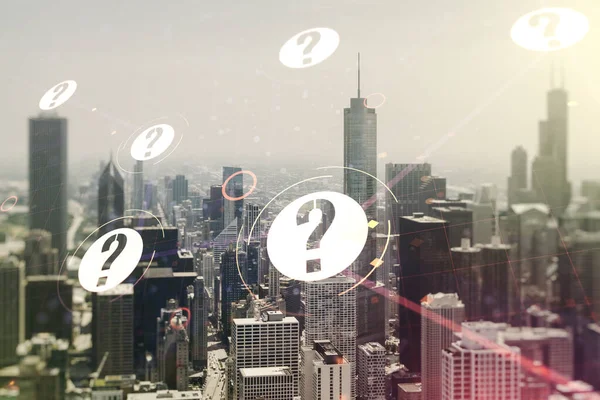 Resumo esboço virtual ponto de interrogação sobre Chicago prédios de escritórios fundo, FAQ e conceito de pesquisa. Dupla exposição — Fotografia de Stock