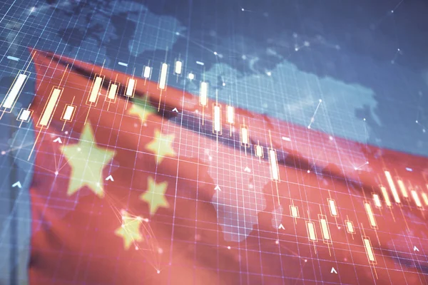 Wielokrotne narażenie wirtualnego kreatywnego wykresu finansowego i światowej mapy na flagę Chin i zachody słońca tle nieba, forex i koncepcja inwestycyjna — Zdjęcie stockowe