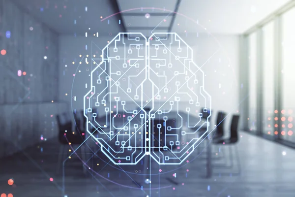 Dubbel exponering av kreativ artificiell intelligens gränssnitt på en modern mötesrum bakgrund. Neurala nätverk och maskininlärningskoncept — Stockfoto