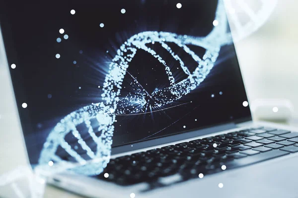 Esboço de DNA criativo em background laptop moderno, biotecnologia e conceito genético. Multiexposição — Fotografia de Stock