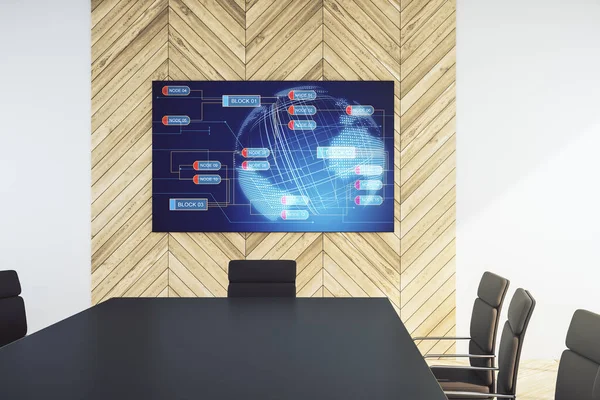 Abstrakcyjny język programowania i mapa świata na ekranie telewizora prezentacji w nowoczesnej sali konferencyjnej, koncepcji badawczo-rozwojowej. Renderowanie 3D — Zdjęcie stockowe