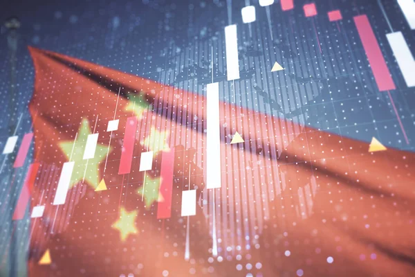 Multi exposure of virtual abstract financial chart hologram and world map on Chinese flag and blue sky background, research and analytics concept — Stock Photo, Image