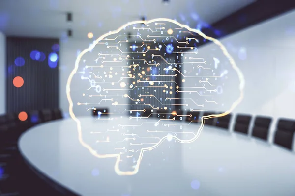 Dubbel exponering av kreativ mänsklig hjärna mikrokrets hologram på en modern styrelserum bakgrund. Framtida teknik och AI-koncept — Stockfoto