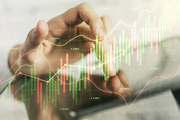 Grafico finanziario creativo astratto con clic su un tablet digitale su sfondo, concetto finanziario e di trading. Multiesposizione — Foto Stock