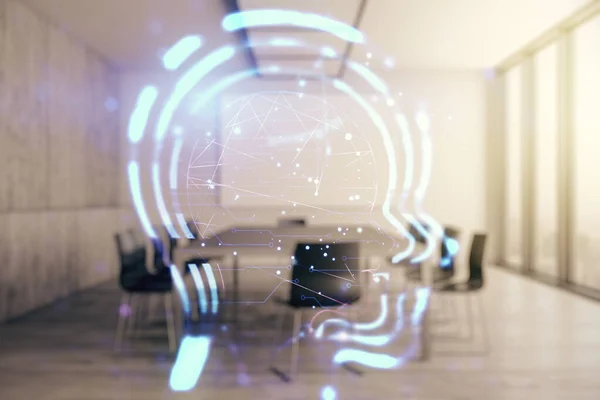Modern bir çalışma odasının arka planında insan kafası çizimi olan soyut sanal zeka kavramı. Çift pozlama — Stok fotoğraf
