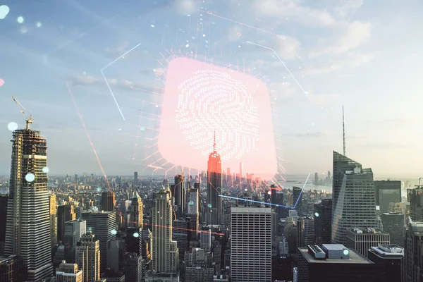 マンハッタンのオフィスビルの背景に仮想指紋スキャンインターフェースのマルチ露出,デジタルアクセスコンセプト — ストック写真