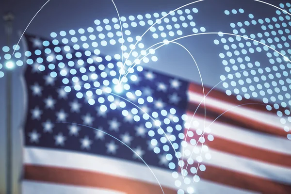 Streszczenie wirtualnej mapy świata z połączeniami na flagę USA i zachód słońca tle nieba, międzynarodowa koncepcja handlowa. Wieloskładnikowa — Zdjęcie stockowe