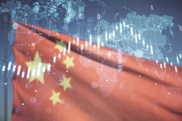 Multi exponering av virtuella abstrakta finansiella grafhologram och världskarta på kinesisk flagga och sunset sky bakgrund, finansiella och handel koncept — Stockfoto