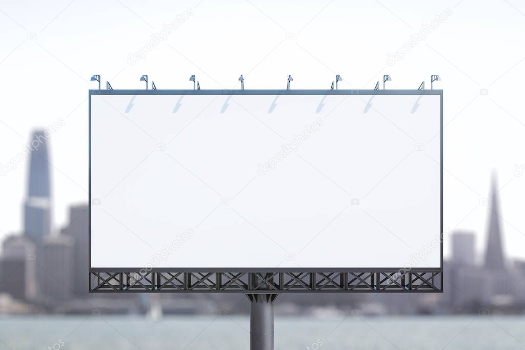 Blank white billboard on city buildings background at daytime, front view. Mockup, advertising concept