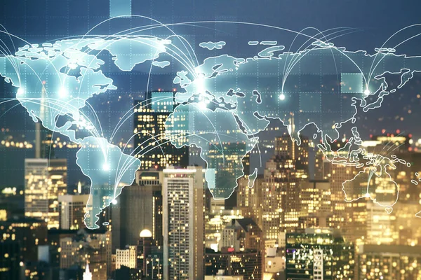 Ologramma grafico astratto della mappa del mondo digitale con connessioni su sfondo urbano di San Francisco, concetto di globalizzazione. Multiesposizione — Foto Stock