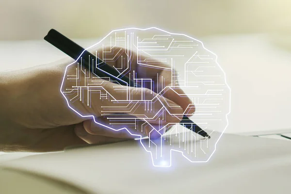 Kreativ artificiell intelligens koncept med mänskliga hjärnan skiss och man hand skriva i dagbok på bakgrund. Dubbel exponering — Stockfoto
