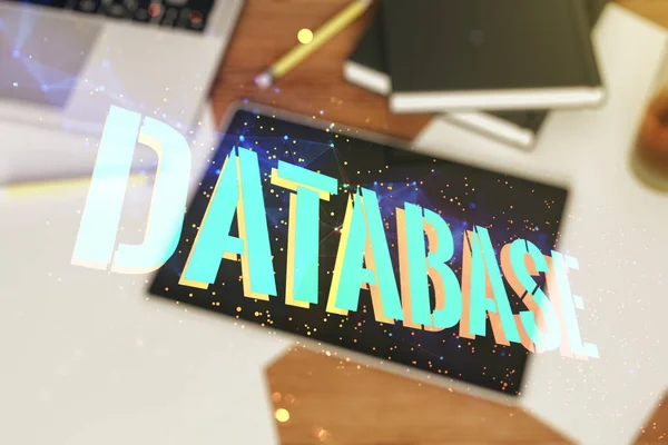 Double exposure of Database word sign and modern digital tablet on background, top view, global research and analytics concept — Stock fotografie