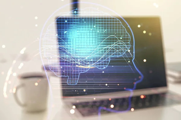 Dubbel exponering av kreativ mänsklig huvud mikrokrets med dator på bakgrunden. Framtida teknik och AI-koncept — Stockfoto