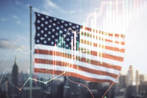 Multi exposure of abstract virtual financial graph hologram on USA flag and blurry cityscape background, forex and investment concept — Stock Photo, Image