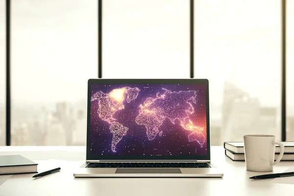 Modern computer display with abstract graphic world map, big data and networking concept. 3D Rendering — Stock Photo, Image