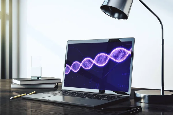 Conceito criativo com ilustração de símbolo de DNA na tela do laptop moderno. Conceito de pesquisa de genoma. Renderização 3D — Fotografia de Stock