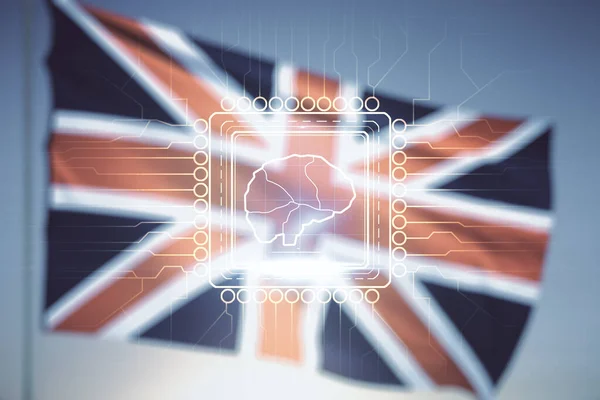 Virtual criativo holograma Inteligência artificial com esboço do cérebro humano na bandeira da Grã-Bretanha e fundo céu por do sol. Multiexposição — Fotografia de Stock