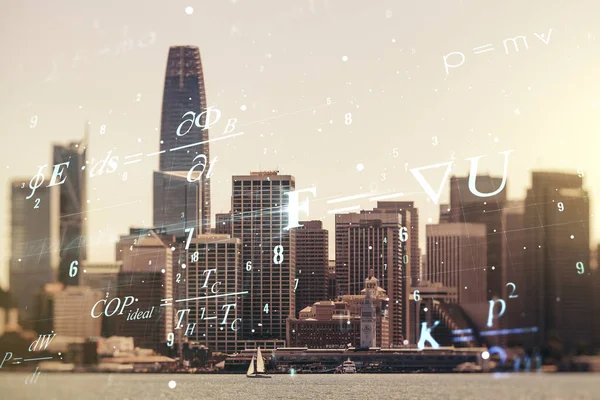 과학 공식 설명 (Scientific formula illustration on San Francisco cityscape background), 과학 및 연구 개념. 과잉 노출 — 스톡 사진