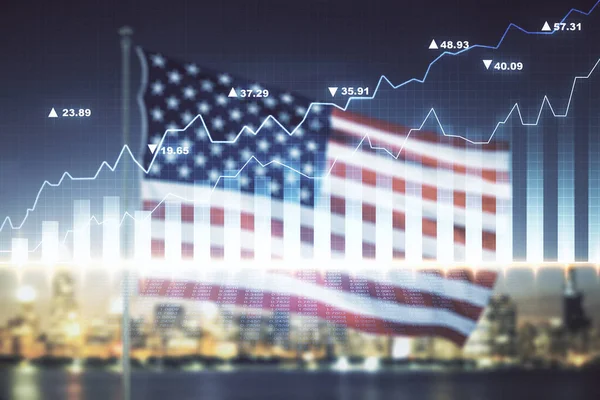 Multi exposure of virtual abstract financial diagram on US flag and city background, banking and accounting concept — Stock Photo, Image