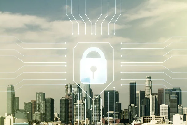 Virtuelle, kreative Schlossskizze mit Chip-Hologramm auf dem Hintergrund von Bürogebäuden in Los Angeles, Konzept zum Schutz persönlicher Daten. Mehrfachexposition — Stockfoto