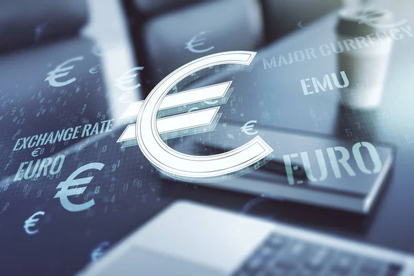 Dubbele belichting van creatieve EURO USD symbolen hologram op laptop achtergrond. Bank- en investeringsconcept — Stockfoto