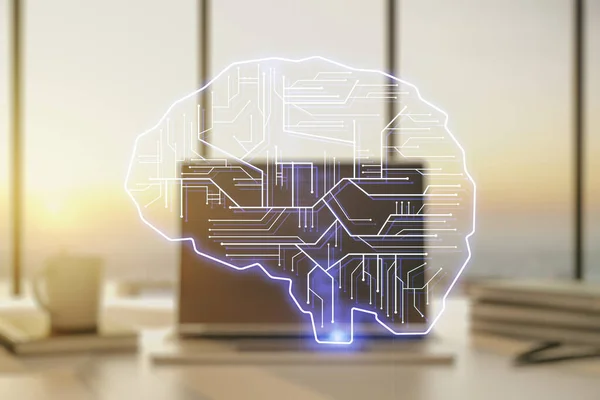 Подвійна експозиція творчого символу штучного інтелекту з сучасним ноутбуком на фоні. Концепція нейронних мереж та машинного навчання — стокове фото