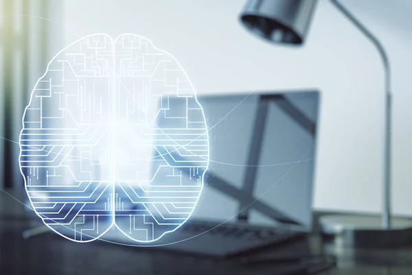 Kreatywna koncepcja sztucznej inteligencji z ludzkim hologramem mózgu na nowoczesnym tle laptopa. Wieloskładnikowa — Zdjęcie stockowe