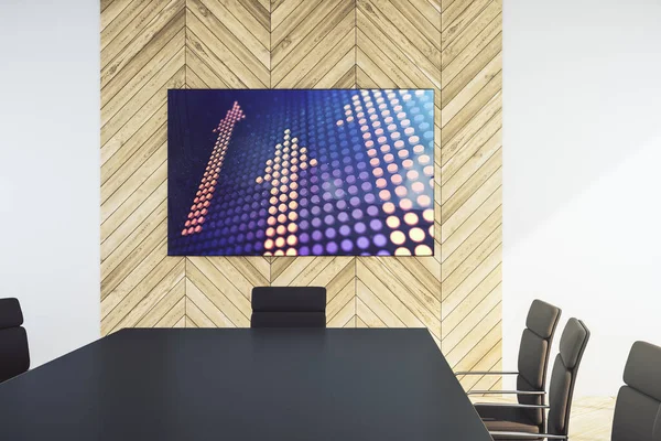 Kreatywne abstrakcyjne strzałki w górę hologram na ekranie telewizora w nowoczesnej sali prezentacji, przywództwa i koncepcji motywacji. Renderowanie 3D — Zdjęcie stockowe