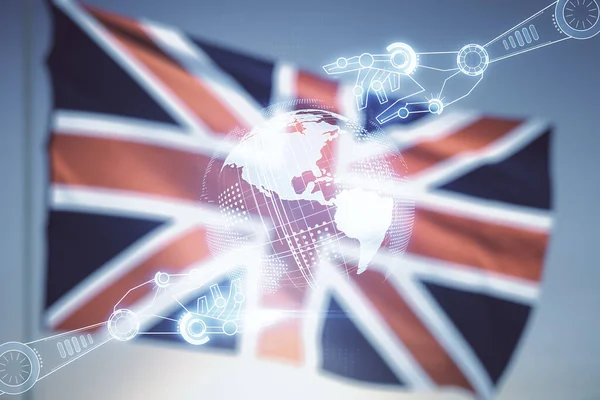 Holograma virtual abstrato da tecnologia da robótica com esboço do globo na bandeira de Grâ Bretanha e fundo do céu do por do sol. Desenvolvimento de robôs e conceito de automação. Multiexposição — Fotografia de Stock