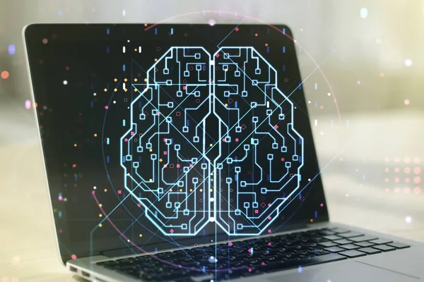 Kreativ artificiell intelligens koncept med mänskliga hjärnan hologram på modern bärbar bakgrund. Multiexponering — Stockfoto