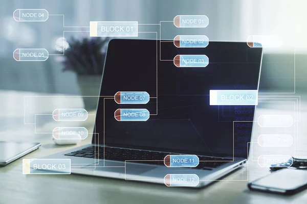 Abstract creatieve codering illustratie op moderne computer achtergrond, software development concept. Meervoudige blootstelling — Stockfoto