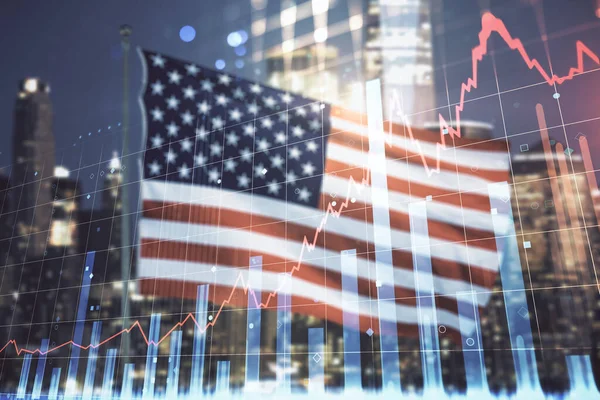 Multi exposure of virtual creative financial chart hologram on USA flag and blurry skyscrapers background, research and analytics concept — Stock Photo, Image