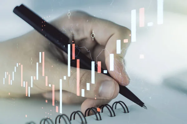 Double exposure of abstract creative financial chart with hand writing in notebook on background, research and strategy concept — Stock Photo, Image