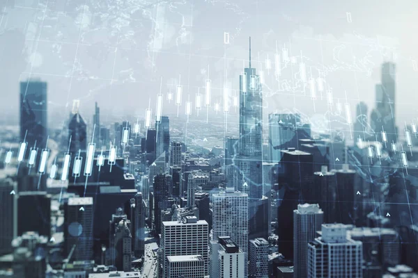 Multi-Exposition von virtuellen abstrakten Finanzdiagrammen Hologramm und Weltkarte auf Chicago Wolkenkratzer Hintergrund, Forschung und Analysekonzept — Stockfoto